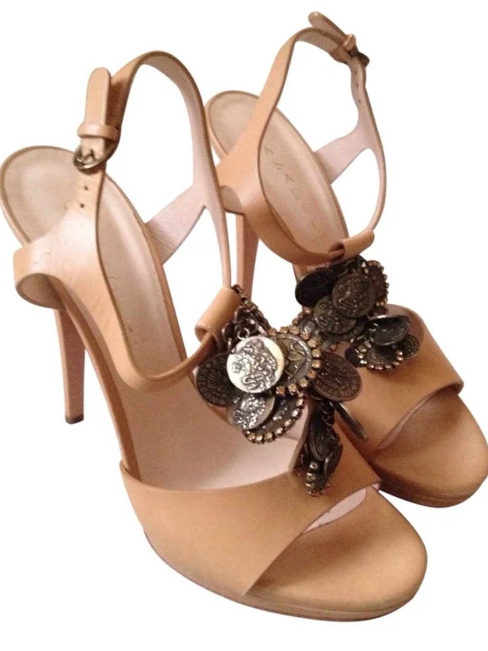 Casadei Beige Leather Slingback Heels with Coin Charms